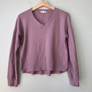 Pink Rose Womens Ribbed Knit V-Neck Sweater Medium‎ Mauve Long Sleeve Top